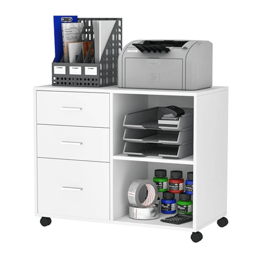 HOMCOM Armário de Escritório para Impressora Multifuncional com 3 Gavetas Prateleira Ajustável e Rodas 80x40x65cm Branco