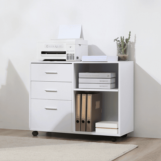HOMCOM Armário de Escritório para Impressora Multifuncional com 3 Gavetas Prateleira Ajustável e Rodas 80x40x65cm Branco