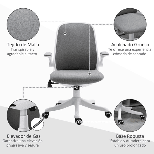Vinsetto Cadeira de Escritório Giratória Função de Inclinação Altura Ajustável Ergonômica com Apoio de Braço Elevavel Carga 120 kg 62,5x60x94-104cm Cinza