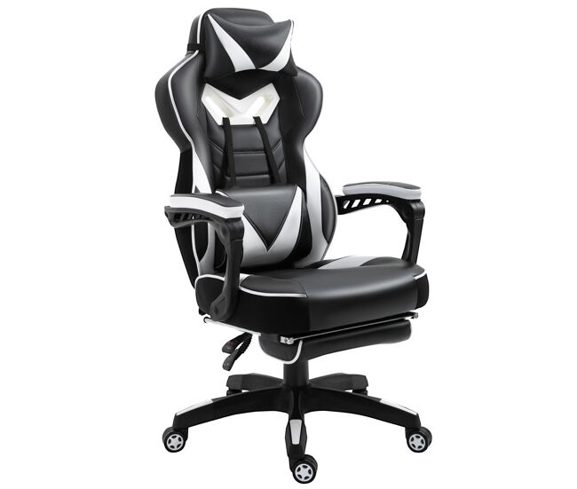 Vinsetto silla gaming ergonómica silla de escritorio de oficina regulable en altura reclinable respaldo con reposapiés reposacabezas cojín lumbar ruedas 65x70x118,5-128,5 cm blanco