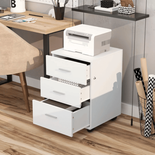 Vinsetto Bloco de Gavetas para Escritório Móvel de Arquivos com 3 Gavetas 4 Rodas e Fechadura com 2 Chaves para Escritório Secretária Casa 40x40x61,5 cm Branco
