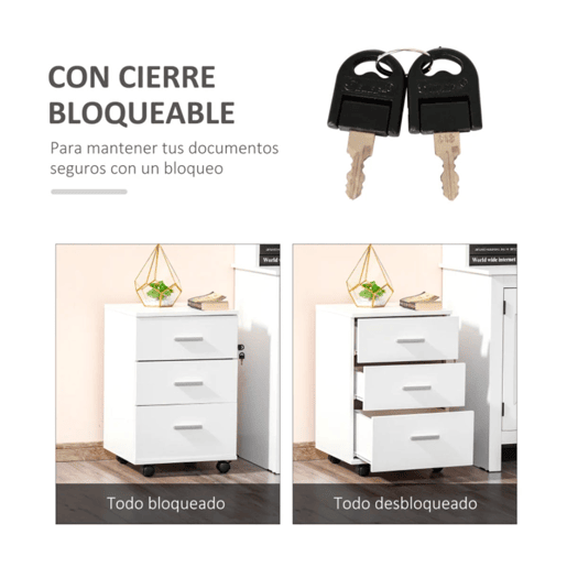 Vinsetto Bloco de Gavetas para Escritório Móvel de Arquivos com 3 Gavetas 4 Rodas e Fechadura com 2 Chaves para Escritório Secretária Casa 40x40x61,5 cm Branco