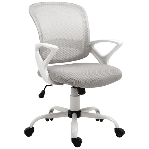 Vinsetto Cadeira de Oficina Ergonômica Cadeira de Escritório Basculante com Altura Ajustável Assento Giratório 360° Suporte Lombar e Malha Transpirável 61x61x89-99cm Cinza e Branco