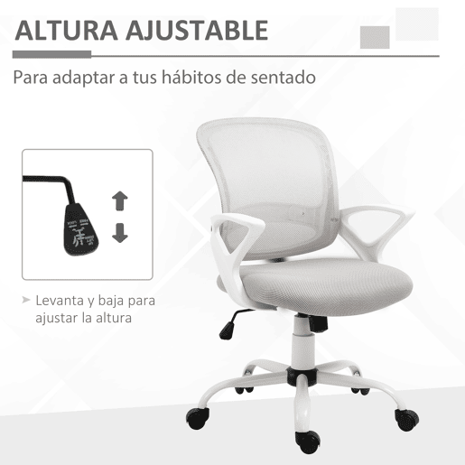 Vinsetto Cadeira de Oficina Ergonômica Cadeira de Escritório Basculante com Altura Ajustável Assento Giratório 360° Suporte Lombar e Malha Transpirável 61x61x89-99cm Cinza e Branco
