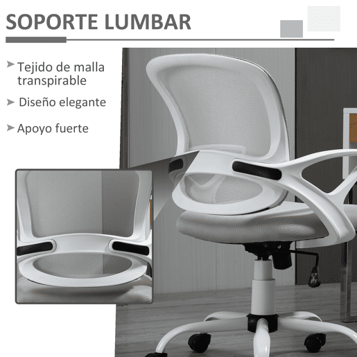 Vinsetto Cadeira de Oficina Ergonômica Cadeira de Escritório Basculante com Altura Ajustável Assento Giratório 360° Suporte Lombar e Malha Transpirável 61x61x89-99cm Cinza e Branco