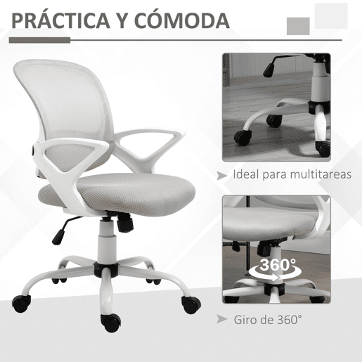 Vinsetto Cadeira de Oficina Ergonômica Cadeira de Escritório Basculante com Altura Ajustável Assento Giratório 360° Suporte Lombar e Malha Transpirável 61x61x89-99cm Cinza e Branco