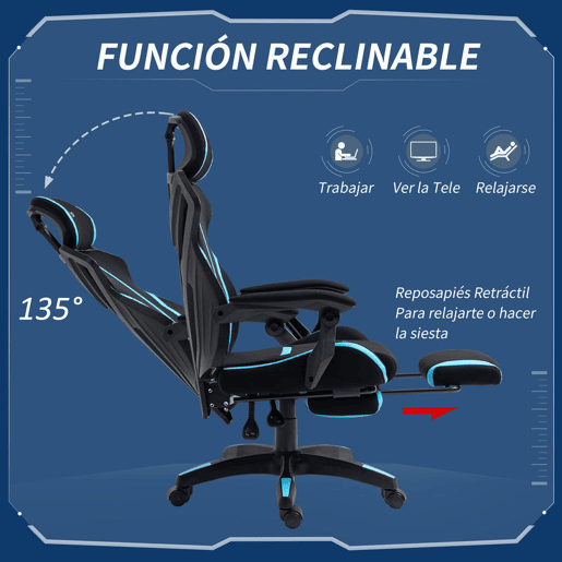 Vinsetto Cadeira de Gaming com Apoio para os Pés Retrátil Cadeira de Escritório Reclinável com Apoio para a Cabeça e Altura Ajustável 65x65x119-129cm Preto e Azul Vinsetto Cadeira de Gaming com Apoio para os Pés Retrátil Cadeira de Escritório Reclinável com Apoio para a Cabeça e Altura Ajustável 65x65x119-129cm Preto e Azul