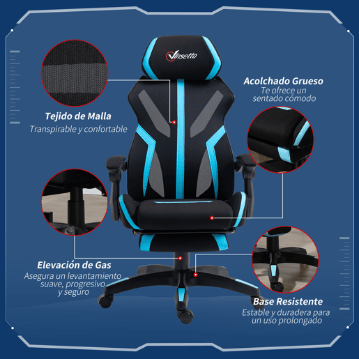 Vinsetto Cadeira de Gaming com Apoio para os Pés Retrátil Cadeira de Escritório Reclinável com Apoio para a Cabeça e Altura Ajustável 65x65x119-129cm Preto e Azul Vinsetto Cadeira de Gaming com Apoio para os Pés Retrátil Cadeira de Escritório Reclinável com Apoio para a Cabeça e Altura Ajustável 65x65x119-129cm Preto e Azul