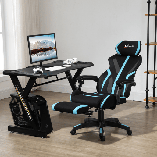 Vinsetto Cadeira de Gaming com Apoio para os Pés Retrátil Cadeira de Escritório Reclinável com Apoio para a Cabeça e Altura Ajustável 65x65x119-129cm Preto e Azul Vinsetto Cadeira de Gaming com Apoio para os Pés Retrátil Cadeira de Escritório Reclinável com Apoio para a Cabeça e Altura Ajustável 65x65x119-129cm Preto e Azul