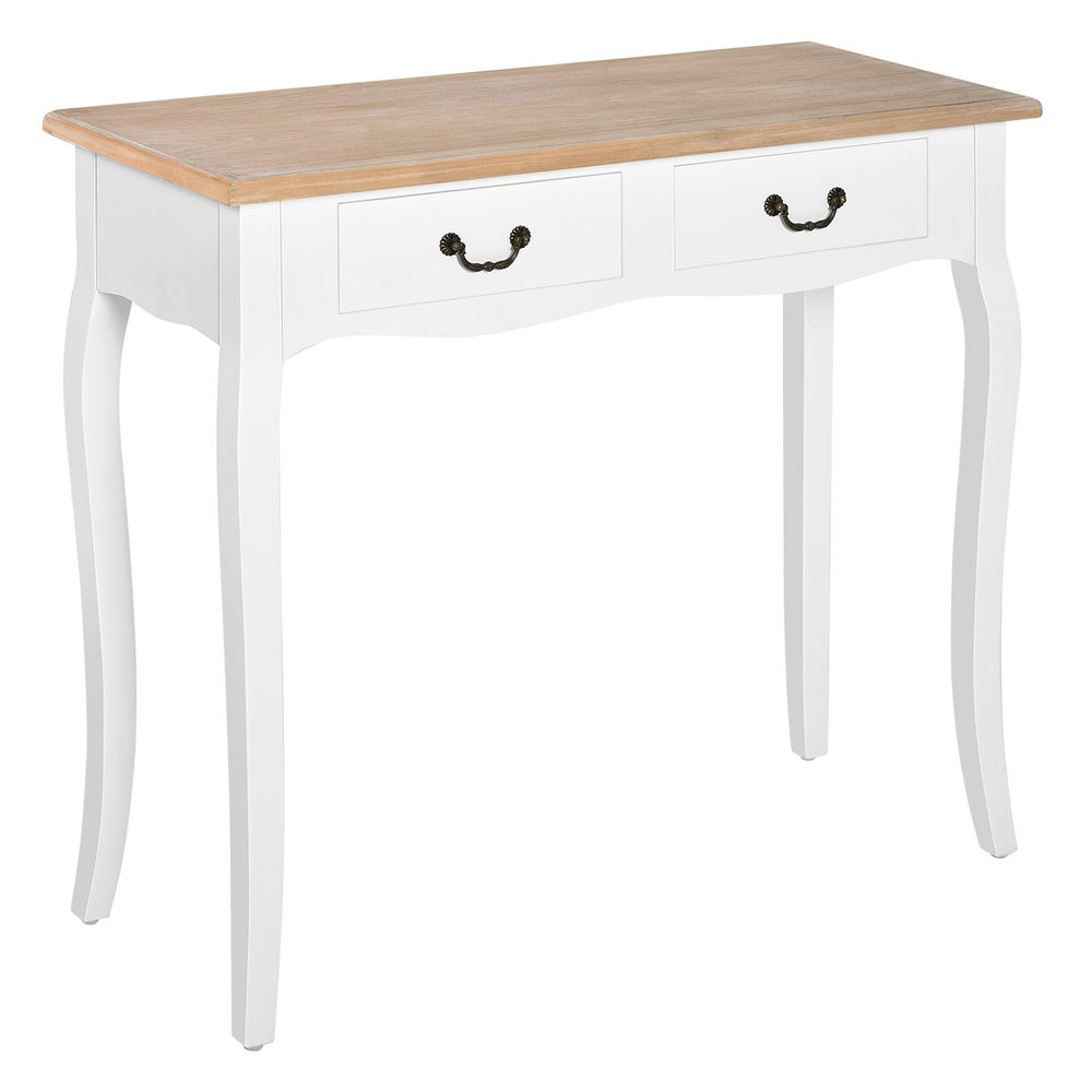 Homcom mesa de consola mesa auxiliar con 2 cajones diseño de retro para entrada pasillo sala de estar dormitorio pino 87x34x78,5 cm blanco