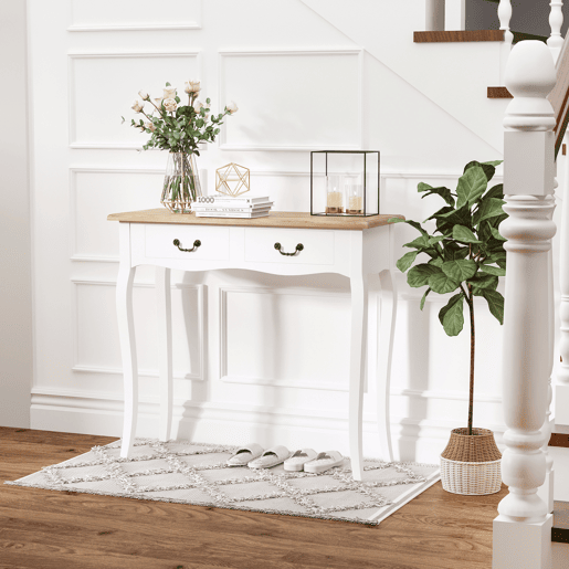 HOMCOM Mesa Consola Mesa Auxiliar com 2 Gavetas para Entrada Corredor Sala de Estar 87x34x78,5cm Branco e Madeira
