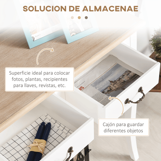 HOMCOM Mesa Consola Mesa Auxiliar com 2 Gavetas para Entrada Corredor Sala de Estar 87x34x78,5cm Branco e Madeira