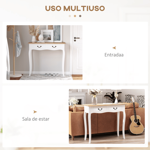 HOMCOM Mesa Consola Mesa Auxiliar com 2 Gavetas para Entrada Corredor Sala de Estar 87x34x78,5cm Branco e Madeira