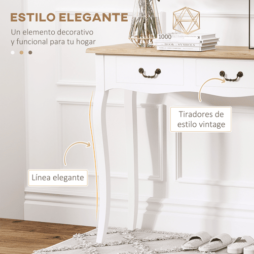 HOMCOM Mesa Consola Mesa Auxiliar com 2 Gavetas para Entrada Corredor Sala de Estar 87x34x78,5cm Branco e Madeira