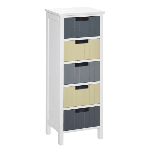 HOMCOM Cómoda de Madeira com 5 Gavetas Cómoda Auxiliar de Armazenamento com Pés Elevados Estilo Moderno para Dormitório Sala de Estar Casa de Banho 35x28x90,5cm Multicor