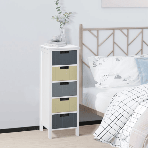 HOMCOM Cómoda de Madeira com 5 Gavetas Cómoda Auxiliar de Armazenamento com Pés Elevados Estilo Moderno para Dormitório Sala de Estar Casa de Banho 35x28x90,5cm Multicor