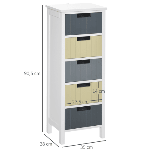 HOMCOM Cómoda de Madeira com 5 Gavetas Cómoda Auxiliar de Armazenamento com Pés Elevados Estilo Moderno para Dormitório Sala de Estar Casa de Banho 35x28x90,5cm Multicor