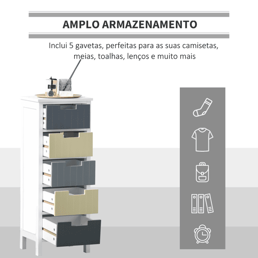 HOMCOM Cómoda de Madeira com 5 Gavetas Cómoda Auxiliar de Armazenamento com Pés Elevados Estilo Moderno para Dormitório Sala de Estar Casa de Banho 35x28x90,5cm Multicor