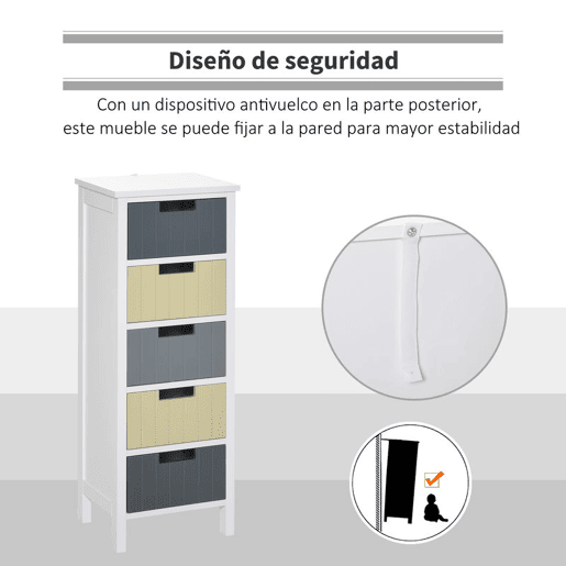 HOMCOM Cómoda de Madeira com 5 Gavetas Cómoda Auxiliar de Armazenamento com Pés Elevados Estilo Moderno para Dormitório Sala de Estar Casa de Banho 35x28x90,5cm Multicor
