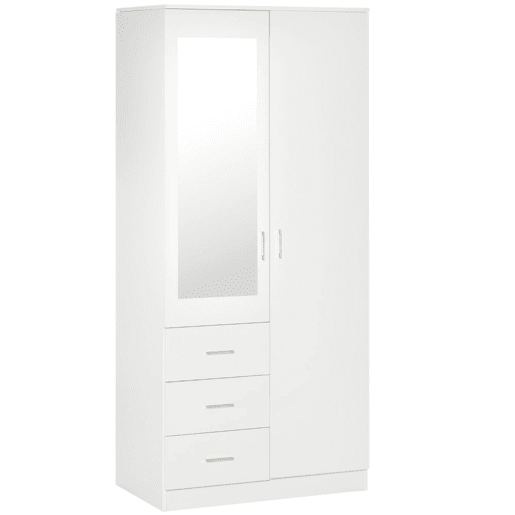 HOMCOM Armário Roupeiro de 2 Portas com Espelho 3 Gavetas Prateleiras Ajustáveis e Barra para Pendurar Incluida Roupeiro para Dormitório 80x50x180cm Branco