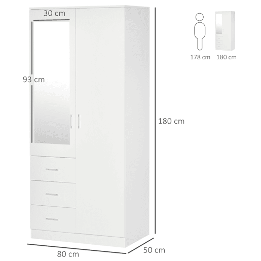 HOMCOM Armário Roupeiro de 2 Portas com Espelho 3 Gavetas Prateleiras Ajustáveis e Barra para Pendurar Incluida Roupeiro para Dormitório 80x50x180cm Branco