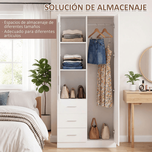 HOMCOM Armário Roupeiro de 2 Portas com Espelho 3 Gavetas Prateleiras Ajustáveis e Barra para Pendurar Incluida Roupeiro para Dormitório 80x50x180cm Branco