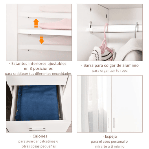 HOMCOM Armário Roupeiro de 2 Portas com Espelho 3 Gavetas Prateleiras Ajustáveis e Barra para Pendurar Incluida Roupeiro para Dormitório 80x50x180cm Branco