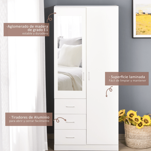 HOMCOM Armário Roupeiro de 2 Portas com Espelho 3 Gavetas Prateleiras Ajustáveis e Barra para Pendurar Incluida Roupeiro para Dormitório 80x50x180cm Branco