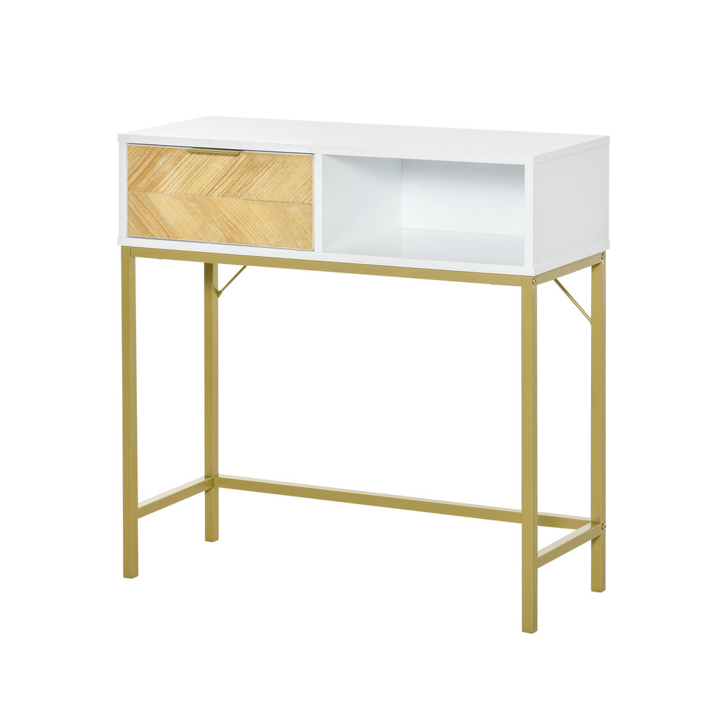 Homcom consola para recibidor mueble para recibidor estilo moderno con cajón y estante abierto para entrada pasillo 80x30x80,5 cm blanco y dorado