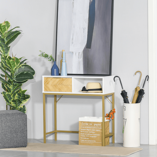 HOMCOM Mesa de console com gaveta e prateleira aberta Estilo moderno Móveis de Corredor para corredor Sala de estar 80x30x80,5 cm Ouro branco