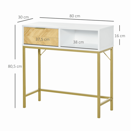 HOMCOM Mesa de console com gaveta e prateleira aberta Estilo moderno Móveis de Corredor para corredor Sala de estar 80x30x80,5 cm Ouro branco