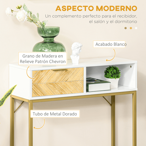 HOMCOM Mesa de console com gaveta e prateleira aberta Estilo moderno Móveis de Corredor para corredor Sala de estar 80x30x80,5 cm Ouro branco