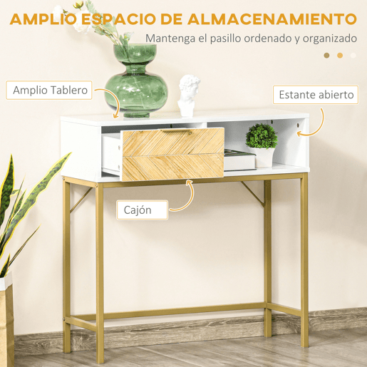HOMCOM Mesa de console com gaveta e prateleira aberta Estilo moderno Móveis de Corredor para corredor Sala de estar 80x30x80,5 cm Ouro branco
