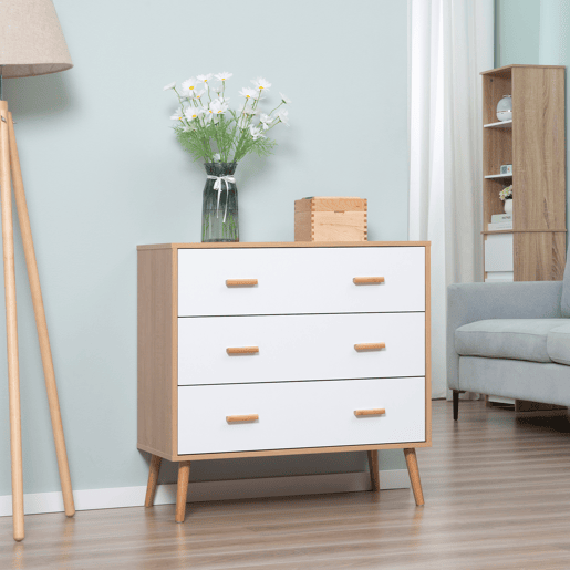 HOMCOM Cómoda de Madeira com 3 Gavetas Armário Auxiliar de Armazenamento Moderna com Pés Elevados para Dormitório Sala de Estar 80x39x80cm Branco e Madeira Natural HOMCOM Cómoda de Madeira com 3 Gavetas Armário Auxiliar de Armazenamento Moderna com Pés Elevados para Dormitório Sala de Estar 80x39x80cm Branco e Madeira Natural