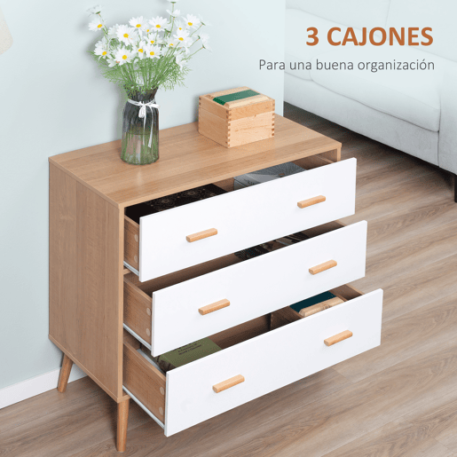 HOMCOM Cómoda de Madeira com 3 Gavetas Armário Auxiliar de Armazenamento Moderna com Pés Elevados para Dormitório Sala de Estar 80x39x80cm Branco e Madeira Natural HOMCOM Cómoda de Madeira com 3 Gavetas Armário Auxiliar de Armazenamento Moderna com Pés Elevados para Dormitório Sala de Estar 80x39x80cm Branco e Madeira Natural