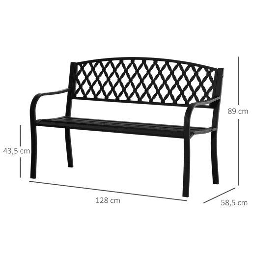 Outsunny Banco de Jardim de 2 Lugares com Encosto Decorativo e Apoio para os Braços para Terraço Varanda Pátio Exterior Carga 280kg Ferro Fundido e Aço 128x58,5x89cm Preto