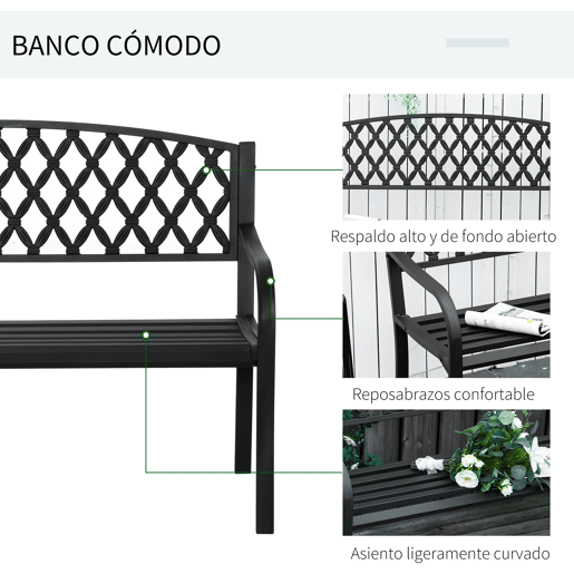 Outsunny Banco de Jardim de 2 Lugares com Encosto Decorativo e Apoio para os Braços para Terraço Varanda Pátio Exterior Carga 280kg Ferro Fundido e Aço 128x58,5x89cm Preto