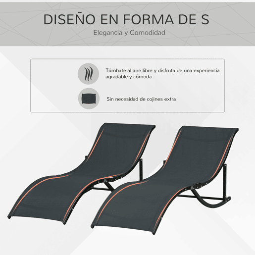 Outsunny 2 espreguiçadeiras dobráveis u200Bu200Bergonômicas em forma de S com estrutura de alumínio Textilene para piscina terraço jardim 165x61x63 cm Preto