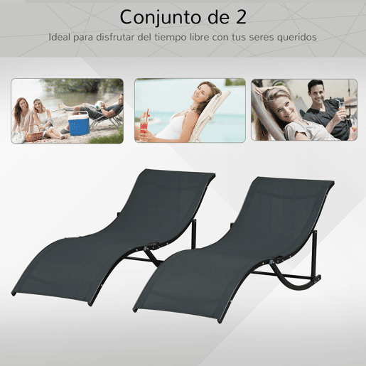Outsunny 2 espreguiçadeiras dobráveis u200Bu200Bergonômicas em forma de S com estrutura de alumínio Textilene para piscina terraço jardim 165x61x63 cm Preto