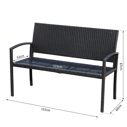 Outsunny Banco de jardim 2 lugares Mobília de jardim ao ar livre Terraço 2 lugares Rattan sintético Carga 320kg 122x60x85 cm Estrutura de aço