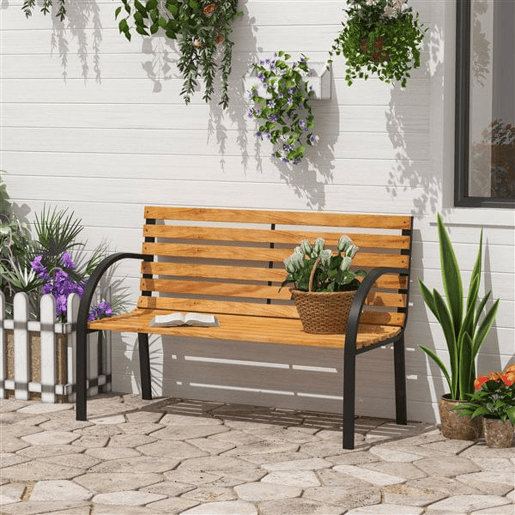Outsunny Banco de jardim 2 lugares com encosto e apoios de braços Ripas de madeira e estrutura de aço Carga 230 kg 122x60x80 cm Cor natural e preto