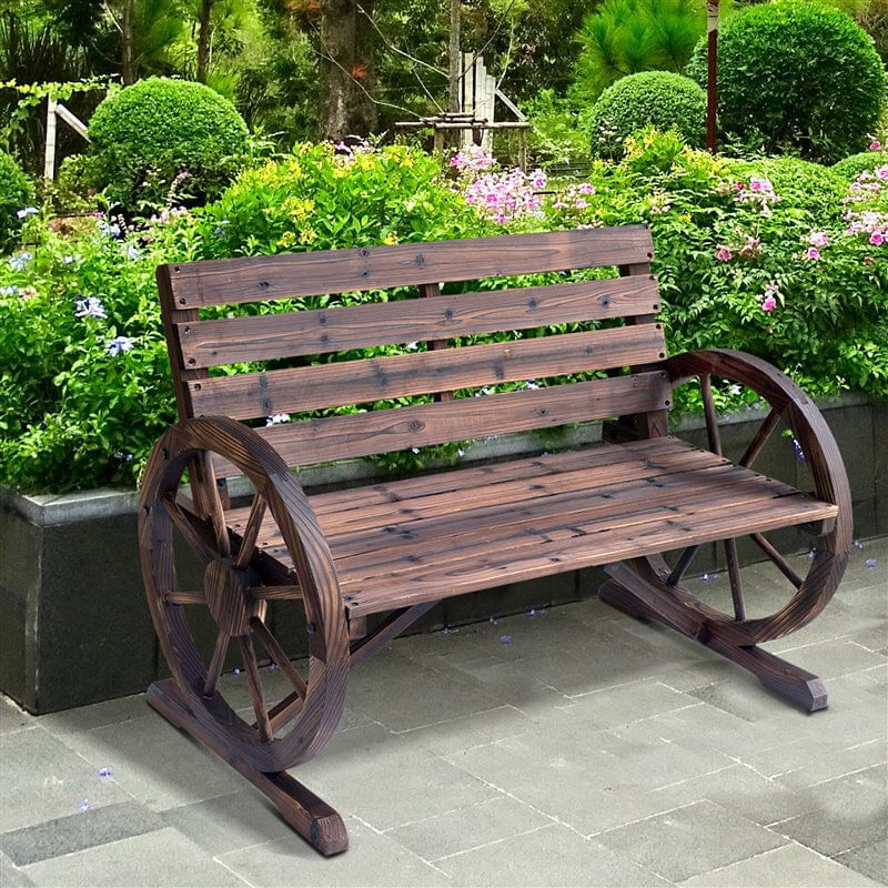 Outsunny banco de jardín de madera, banco de exterior con reposabrazos en forma de rueda, estilo rústico, carga 250 kg, de 2 plazas, para patio, terraza, 105,5x59x75 cm, carbonizado