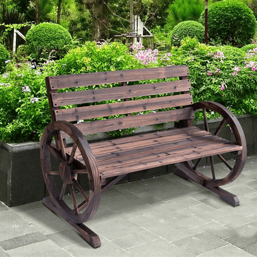 Outsunny Banco de Jardim de Madeira, Banco de Exterior com Apoios de Braço em Forma de Roda, Estilo Rústico, Suporta 250 kg, de 2 Lugares, para Pátio, Terraço, 105,5x59x75 cm, Envelhecido