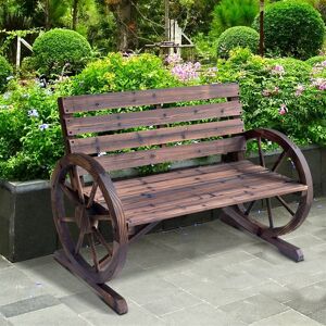 Outsunny Banco de Jardim de Madeira, Banco de Exterior com Apoios de Braço em Forma de Roda, Estilo Rústico, Suporta 250 kg, de 2 Lugares, para Pátio, Terraço, 105,5x59x75 cm, Envelhecido