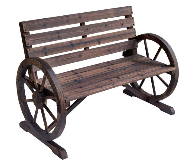 Outsunny banco de jardín de madera, banco de exterior con reposabrazos en forma de rueda, estilo rústico, carga 250 kg, de 2 plazas, para patio,