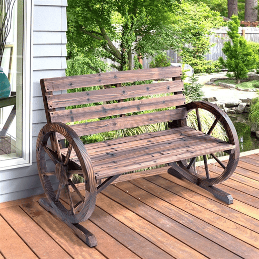 Outsunny Banco de Jardim de Madeira, Banco de Exterior com Apoios de Braço em Forma de Roda, Estilo Rústico, Suporta 250 kg, de 2 Lugares, para Pátio, Terraço, 105,5x59x75 cm, Envelhecido