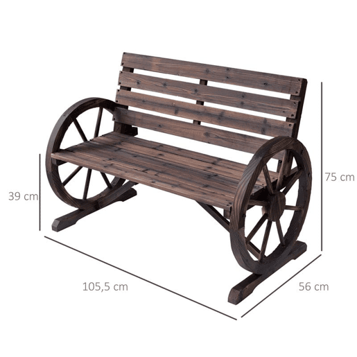 Outsunny Banco de Jardim de Madeira, Banco de Exterior com Apoios de Braço em Forma de Roda, Estilo Rústico, Suporta 250 kg, de 2 Lugares, para Pátio, Terraço, 105,5x59x75 cm, Envelhecido