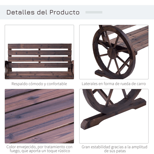Outsunny Banco de Jardim de Madeira, Banco de Exterior com Apoios de Braço em Forma de Roda, Estilo Rústico, Suporta 250 kg, de 2 Lugares, para Pátio, Terraço, 105,5x59x75 cm, Envelhecido