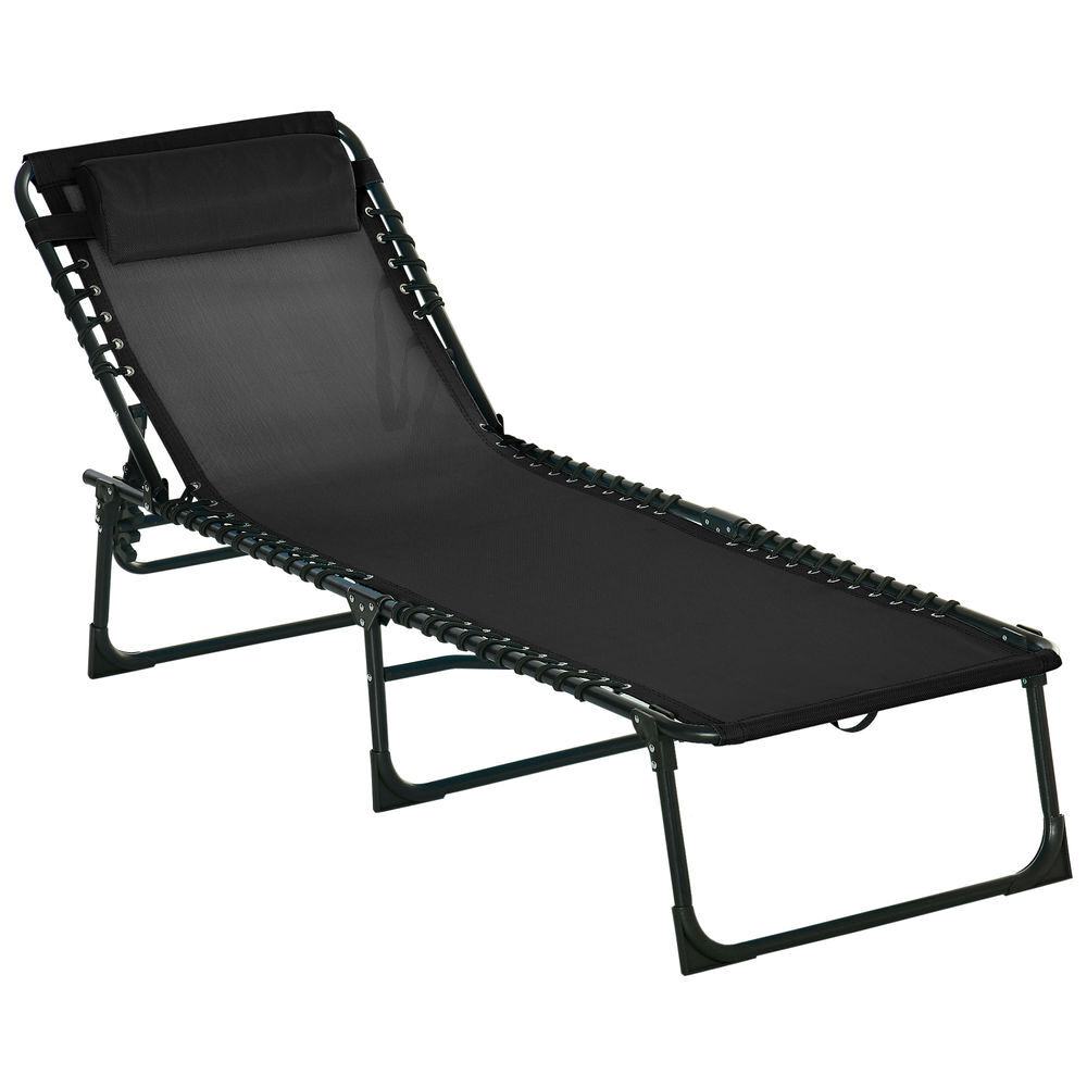 Outsunny tumbona plegable, tumbona jardín exterior reclinable 4 posiciones con reposacabezas y marco de acero, carga 120 kg, para terraza, piscina, playa, 189x58x30 cm, negro