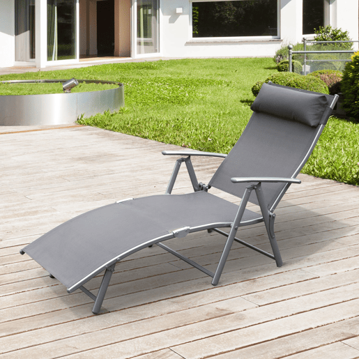 Outsunny Espreguiçadeira Dobrável de Jardim com Encosto Ajustável em 7 Posições Apoio para a Cabeça para Terraço Piscina Exterior Carga Máxima 165kg 137x63,5x100,5cm Cinza